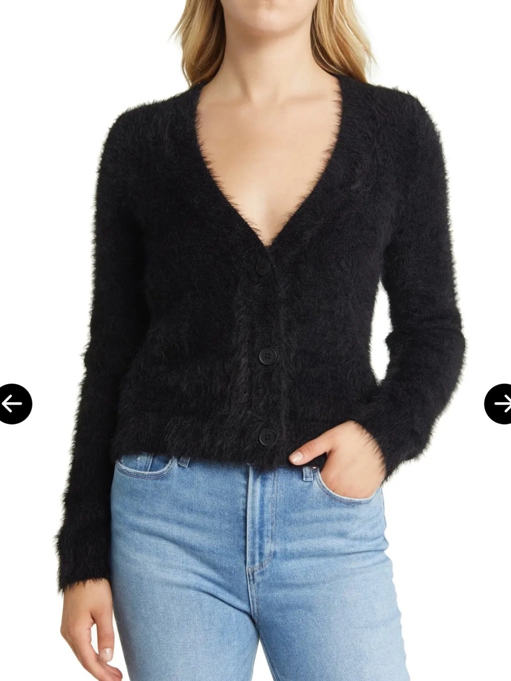 Halogen Black Fuzzy Deep V-Neck Cardigan